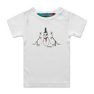 White short sleeve babies' t-shirt featuring an image of a snowman with two kangaroos. The snowman is wearing an orange scarf and a black top hat with one brown kangaroo either side of him. The t-shirt has a red, white, and blue fabric label on the back of the neck and has two white press studs on the left shoulder.