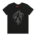 Black kids' t-shirt featuring a hand drawn sketch of a dog’s face in white. The dog has a round head, floppy ears, wide eyes, and its tongue is sticking out. The t-shirt has a red fabric label on the back of the neck.