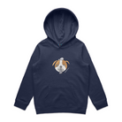Midnight blue kids’ hoodie featuring an embroidered image of a dog in brown and silver. The hoodie features a pullover hood, inset sleeves, and a kangaroo pocket. The name daniel(ink.) is embroidered in silver next to the dog.