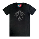 Black short sleeve men's t-shirt featuring a hand drawn sketch of a dog’s face in white. The dog has a round head, floppy ears, wide eyes, and its tongue is sticking out. The t-shirt has a red, white, and blue fabric label on the back of the neck.