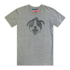 Grey short sleeve men's t-shirt featuring a hand drawn sketch of a dog’s face in black. The dog has a round head, floppy ears, wide eyes, and its tongue is sticking out. The t-shirt has a red, white, and blue fabric label on the back of the neck.