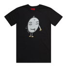 Black short sleeve men's t-shirt featuring a hand-drawn picture of a humanoid egg man. The egg man is wearing a black bowler hat, gold gloves, and gold shoes, and is sticking his tongue out. There is a red fabric label on the back of the neck.
