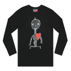 Black long sleeve men’s shirt featuring a hand drawn sketch of a skeleton with a red heart. The shirt has a red fabric label on the back of the neck.