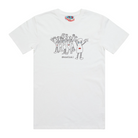 White men's t-shirt featuring an image of six humanoid sausage people standing next to each other. The sausage people have their arms in the air, waving happily. This t-shirt has a red, white, and blue fabric label on the back of the neck.