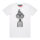 Men's white t-shirt featuring a hand drawn sketch of a person in white. The person is wearing a small top hat and big sunglasses. This t-shirt has a red, white, and blue fabric label on the back of the neck.