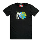 Men's black t-shirt featuring an abstract drawing of three fishes swimming together. The design features a large yellow, green, and blue fish on the right; a small grey fish in the middle; and another larger grey and white fish on the left. This t-shirt has a red, white, and blue fabric label on the back of the neck.