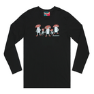 Men's black long sleeve shirt featuring a hand drawn image of five humanoid mushroom figures, three large and two small, standing next to each other. Each mushroom figure has a red mushroom cap, red shoes, and red accents. The three large mushrooms also have red buttons on their chests which spell "magic" in Morse code. This shirt has a red, white, and blue fabric label on the back of the neck.