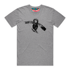 Men's grey t-shirt featuring a hand drawn sketch of an owl in black. This t-shirt has a red, white, and blue fabric label on the back of the neck.