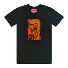Men's black t-shirt featuring a hand drawn sketch of an abstract face in orange. This t-shirt has a red, white, and blue fabric label on the back of the neck.