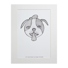 Original print of Design #10 Toby The Dog. The dog has a round head, floppy ears, wide eyes, and its tongue is sticking out. The design is printed on white backing board and displayed in a white frame.