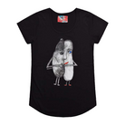 Black short sleeve women's t-shirt featuring a hand drawn sketch of two oval-shaped humanoid figures merged side by side and holding hands. The humanoid figure on the left is wearing a bowler hat and the humanoid figure on the right has red lips. The t-shirt has a blue, white, and red fabric label on the back of the neck.