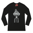 Black long sleeve women's shirt featuring a hand drawn sketch of a person in white. The person is wearing a small top hat and big sunglasses. The shirt has a red fabric label on the back of the neck.