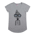 Grey short sleeve women's t-shirt featuring a hand drawn sketch of a person in black. The person is wearing a small top hat and big sunglasses. The t-shirt has a blue, white, and red fabric label on the back of the neck.