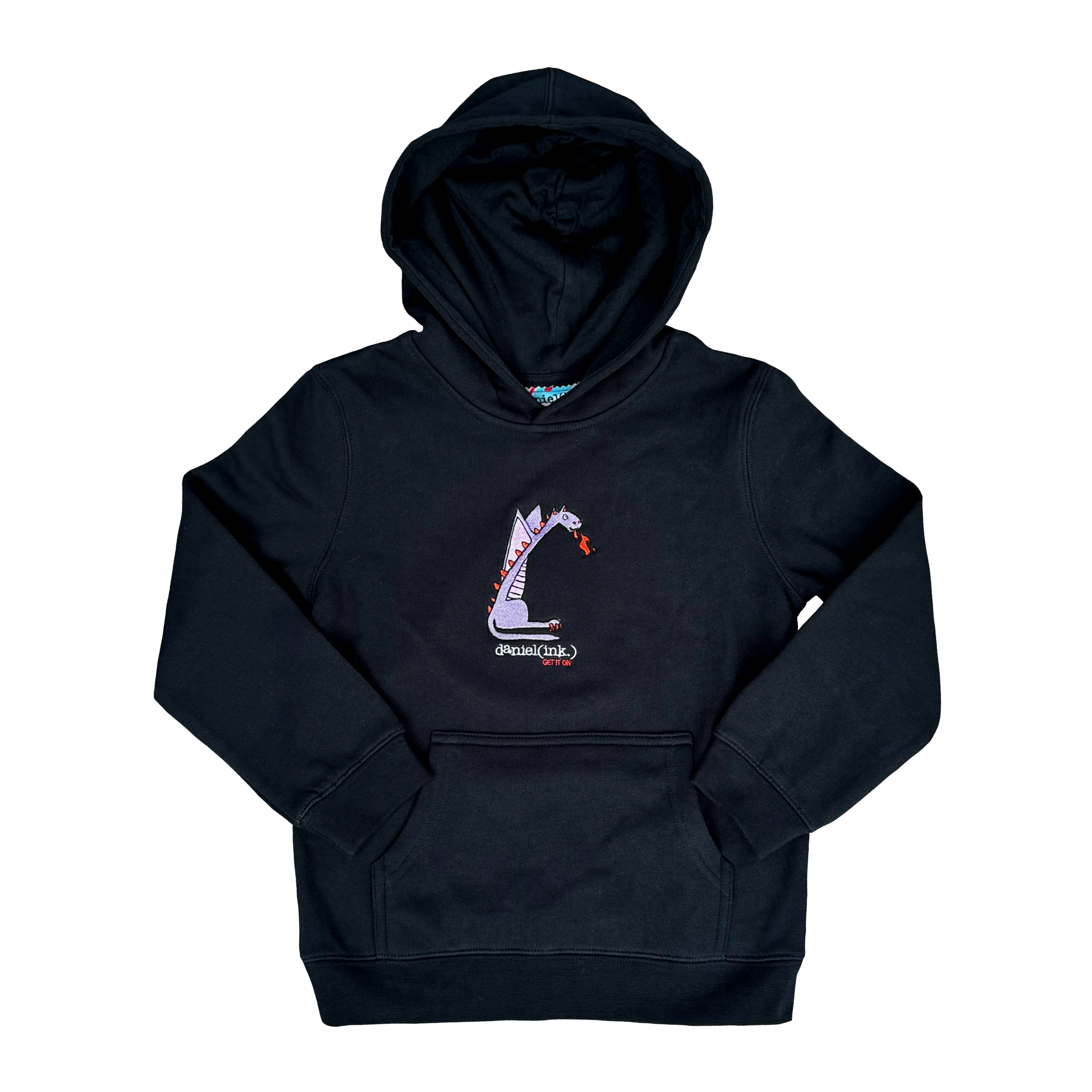 Navy kids' hoodie featuring an embroidered image of a purple dragon. The hoodie features a pullover hood, inset sleeves, and a kangaroo pocket. The name daniel(ink.) is embroidered in silver thread under the dragon. 