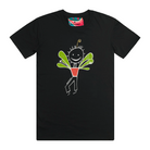 Men's black t-shirt featuring an image of a happy humanoid pot plant. The plant person is smiling and has a red plant pot-shaped torso with long legs and green leaves sprouting from the torso. This t-shirt has a red, white, and blue fabric label on the back of the neck.