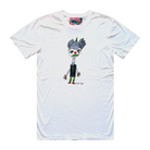 Men's white t-shirt featuring a hand drawn image of a colourful clown. The clown has a red nose and shoes; a green hat, lips, tie, buttons, and legs; and gold eye shadow and gloves. This t-shirt has a red, white, and blue fabric label on the back of the neck.