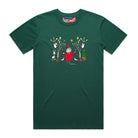 Men's jade t-shirt featuring a hand drawn image of Santa Claus standing in between two kangaroos and in front of two large gum trees. The kangaroos are accompanied by two small lizards, one of Santa's reindeer, and a Christmas tree surrounded by presents. The gum trees both have koalas in them. This t-shirt has a red, white, and blue fabric label on the back of the neck.