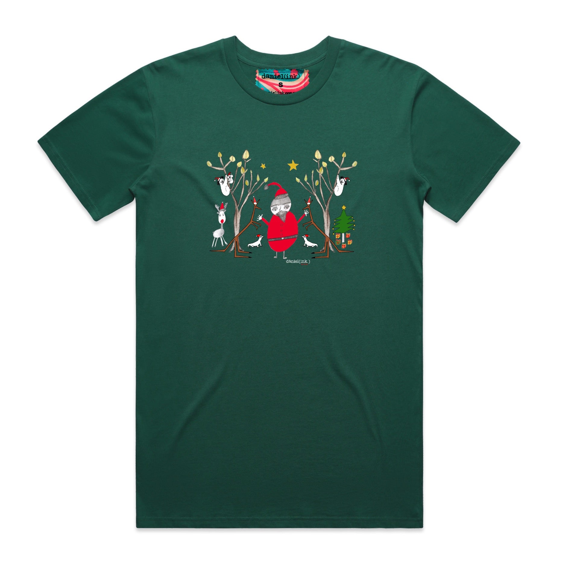 Men's jade t-shirt featuring a hand drawn image of Santa Claus standing in between two kangaroos and in front of two large gum trees. The kangaroos are accompanied by two small lizards, one of Santa's reindeer, and a Christmas tree surrounded by presents. The gum trees both have koalas in them. This t-shirt has a red, white, and blue fabric label on the back of the neck.