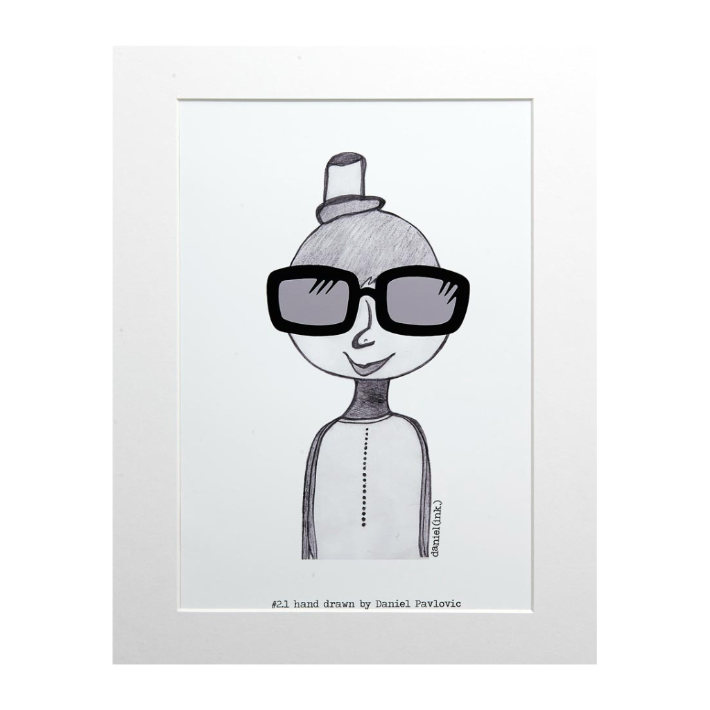 Original print of Design #2.1 Sunglasses. Sunglasses features a person wearing a small top hat and big sunglasses. The design is printed on white backing board and displayed in a white frame. 