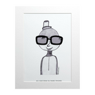 Original print of Design #2.1 Sunglasses. Sunglasses features a person wearing a small top hat and big sunglasses. The design is printed on white backing board and displayed in a white frame. 