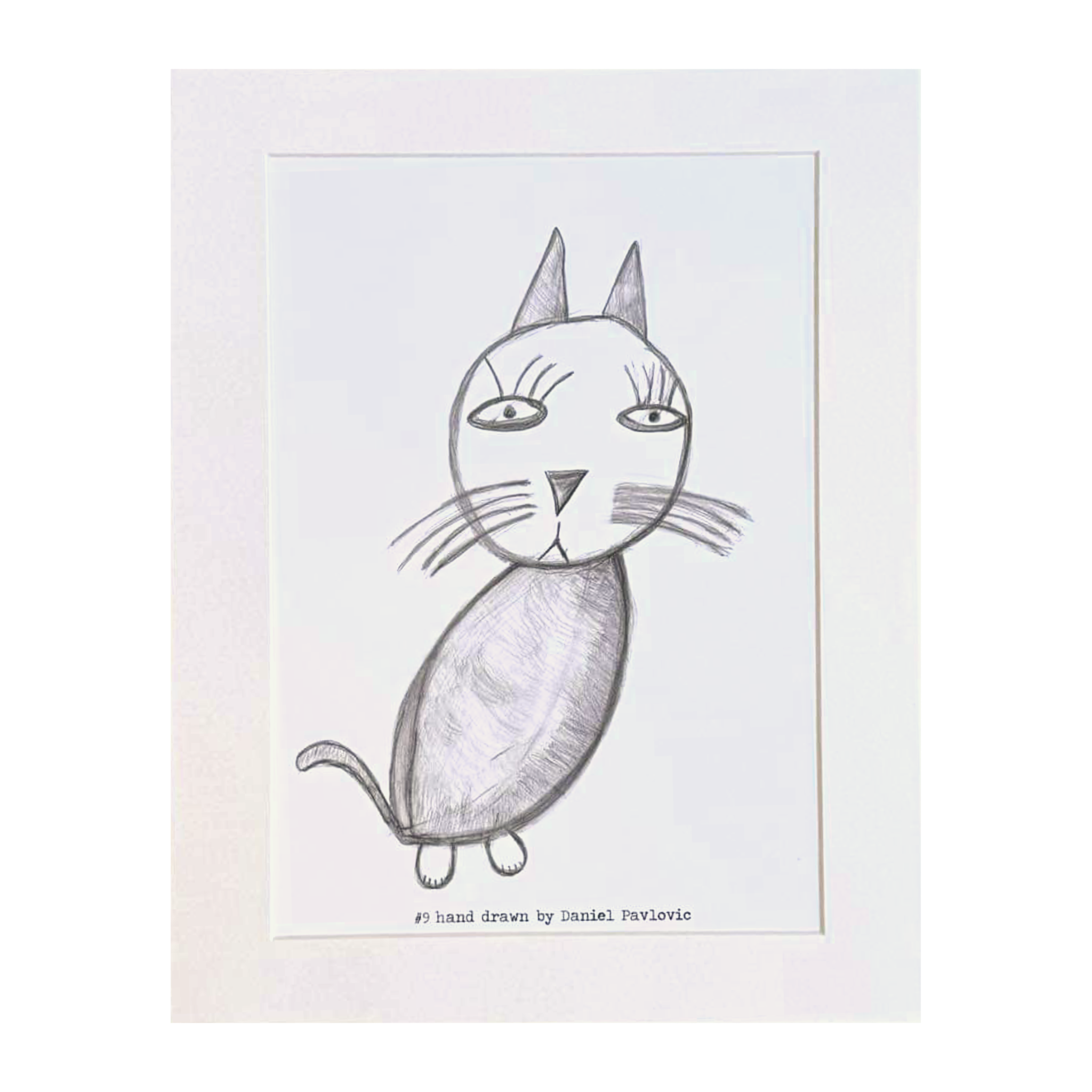 Original print of Design #9 Alice The Cat. The design features a hand drawn sketch of a cat in black. The design is printed on white backing board and displayed in a white frame. 