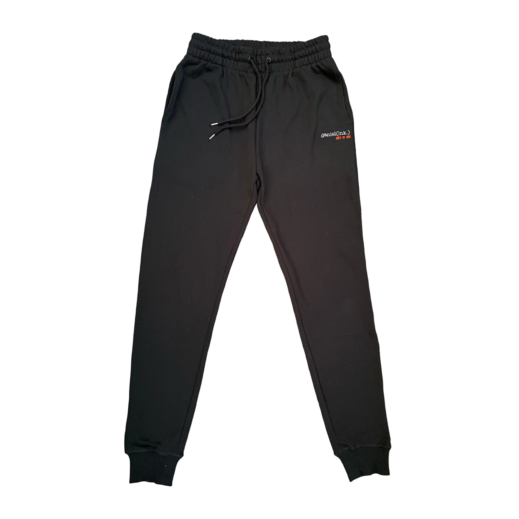 Black track pants featuring the daniel(ink.) logo embroidered in silver and the slogan "get it on" embroidered in red underneath it on the upper left thigh. 