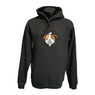 Unisex coal hoodie featuring an embroidered image of a dog’s face in brown and white. The hoodie features a pullover hood, inset sleeves, and a kangaroo pocket. The embroidered image of a dog's face has a round head, floppy ears, wide eyes, and its tongue is sticking out. The name daniel(ink.) is embroidered in silver thread next to the dog's face. 