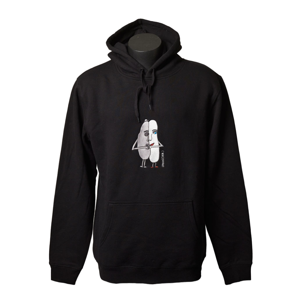 Unisex black hoodie featuring an embroidered image of two oval-shaped humanoid figures merged side by side and holding hands in silver. The name daniel(ink.) is embroidered in silver thread to the right of the figures. 