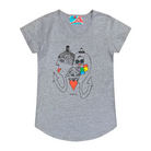 Women's grey t-shirt featuring a hand drawn abstract sketch of three faces. The three faces are surrounded by different symbols of disability: braille on glasses for blindness, jigsaw pieces for autism, question marks for mental illness, and upward arrows for making progress in treatment and care of disabled people. This t-shirt has a red, white, and blue fabric label on the back of the neck.