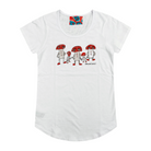 Women's white t-shirt featuring a hand drawn image of five humanoid mushroom figures, three large and two small, standing next to each other. Each mushroom figure has a red mushroom cap, red shoes, and red accents. The three large mushrooms also have red buttons on their chests which spell "magic" in Morse code. This t-shirt has a red, white, and blue fabric label on the back of the neck.