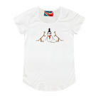 Women's white t-shirt featuring a hand drawn image of a happy snowman standing in front of two kangaroos. The snowman is wearing an orange scarf and black top hat. This t-shirt has a red, white, and blue fabric label on the back of the neck.
