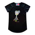Women's black t-shirt featuring a hand drawn image of a colourful clown. The clown has a red nose and shoes; a green hat, lips, tie, buttons, and legs; and gold eye shadow and gloves. This t-shirt has a red, white, and blue fabric label on the back of the neck.