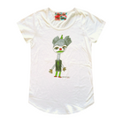 Women's white t-shirt featuring a hand drawn image of a colourful clown. The clown has a red nose and shoes; a green hat, lips, tie, buttons, and legs; and gold eye shadow and gloves. This t-shirt has a red, white, and blue fabric label on the back of the neck.