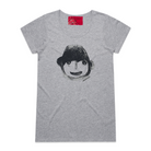 Grey short sleeve women's t-shirt featuring a hand drawn sketch of a person's face in black. The t-shirt has a red fabric label on the back of the neck.