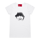 White short sleeve women's t-shirt featuring a hand drawn sketch of a person's face in black. The t-shirt has a red fabric label on the back of the neck.