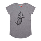 Women's grey t-shirt featuring a hand drawn sketch of a cat in black. This t-shirt has a red, white, and blue fabric label on the back of the neck.